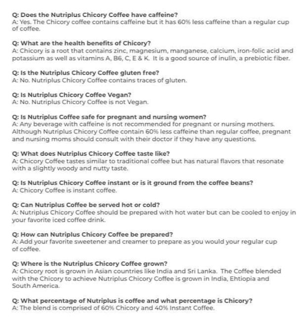 Nutriplus Chicory Coffee FAQ; Down To Earth Solutions